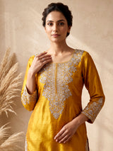 Mustard yellow raw silk punjabi suit with zari dupatta detailing