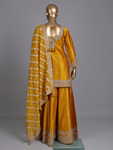 Mustard yellow raw silk punjabi suit with zari dupatta detailing