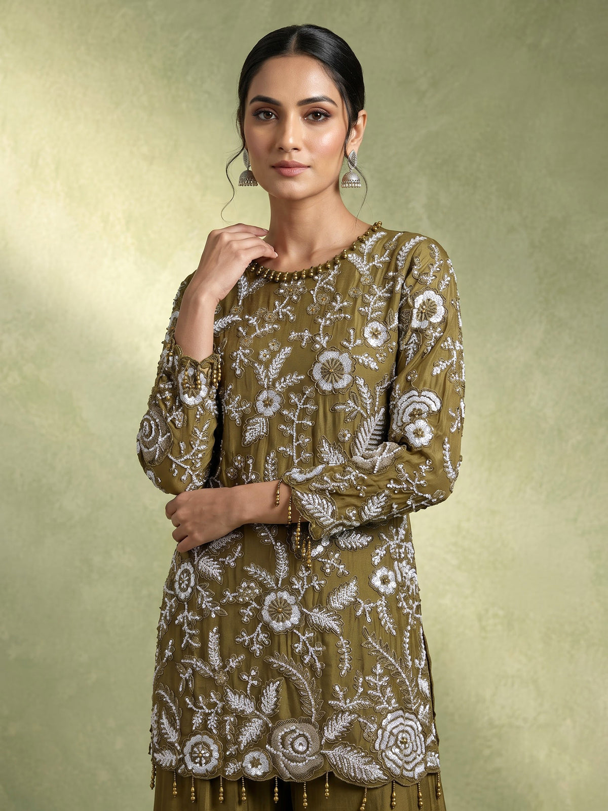 Mehendi green tissue silk pakistani palazzo suit with pearl detailing