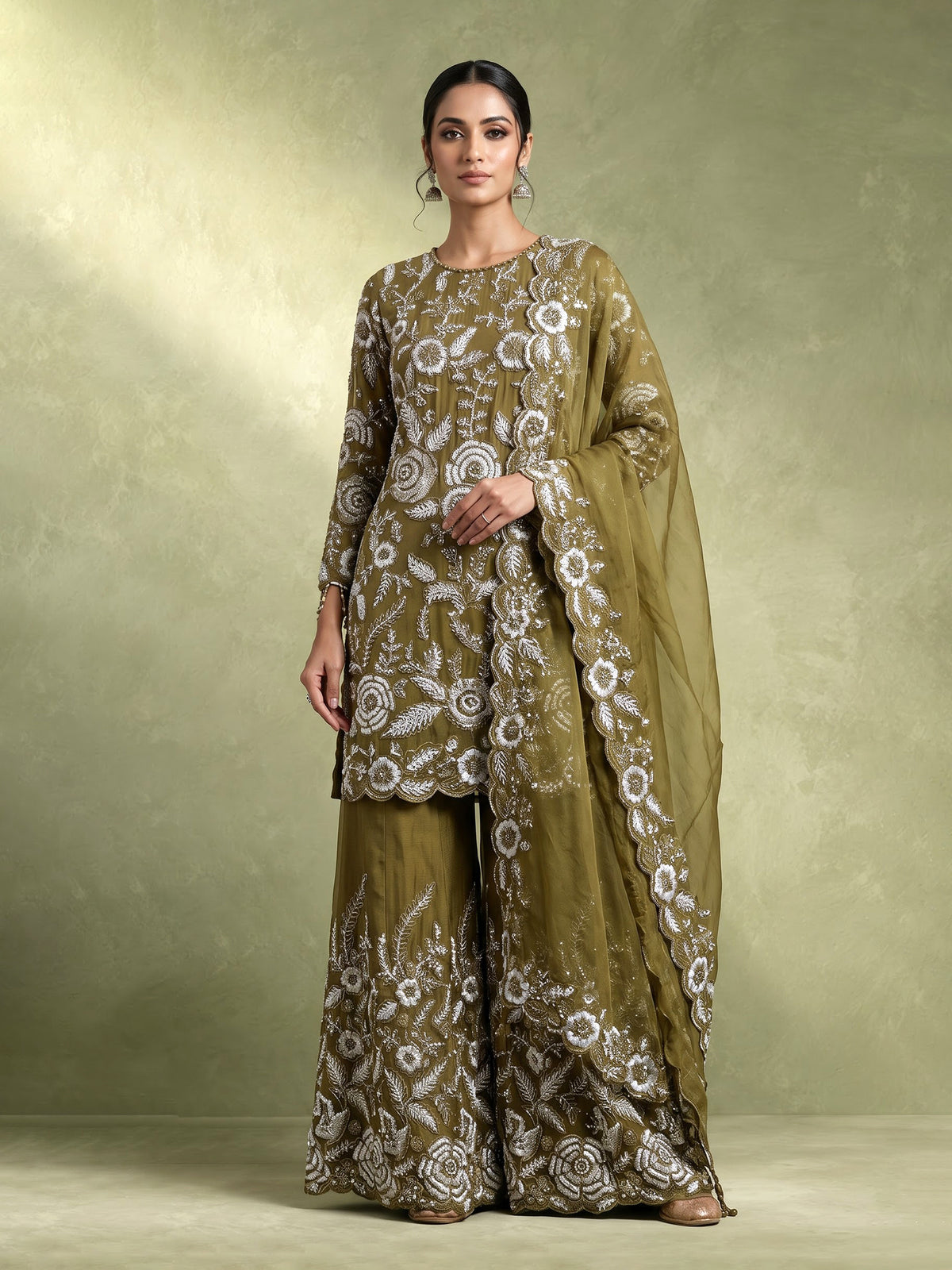 Mehendi green tissue silk pakistani palazzo suit with pearl detailing