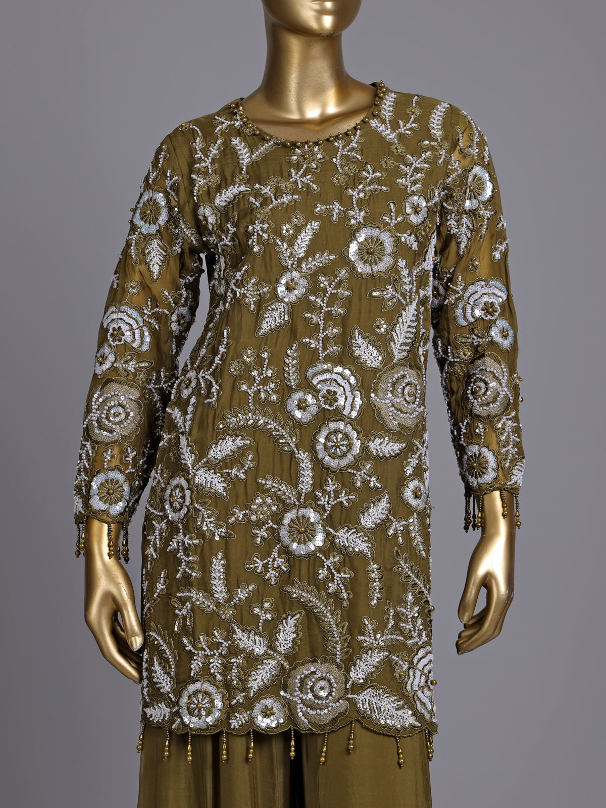 Mehendi green tissue silk pakistani palazzo suit with pearl detailing