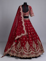 Maroon silk bridal lehenga choli with elegant zardosi embellishments