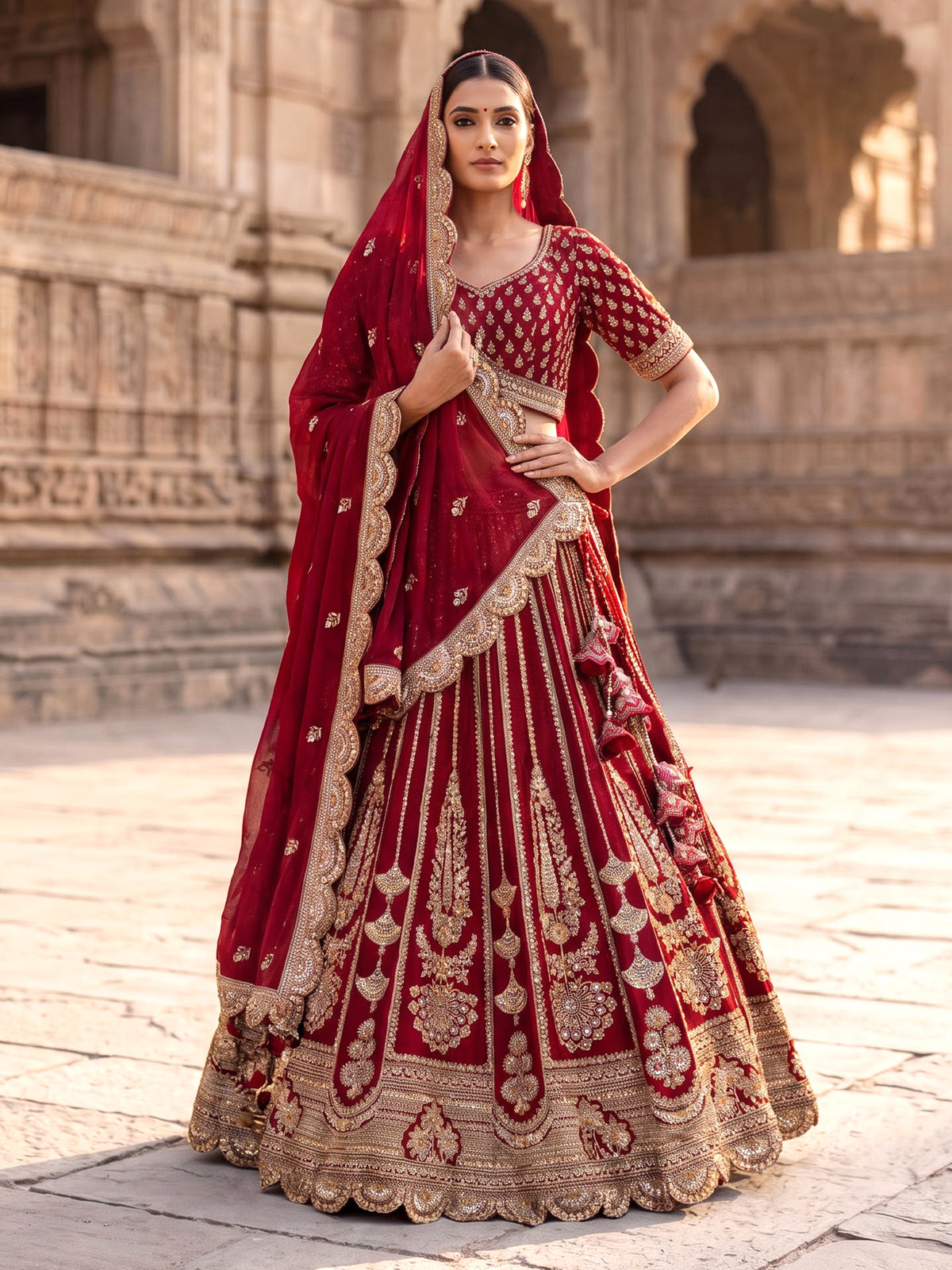 Maroon raw silk bridal lehenga choli with zardosi detailing