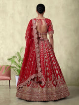 Red silk bridal lehenga choli with exquisite zardosi embellishments