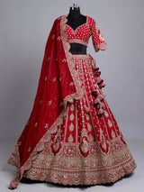 Red silk bridal lehenga choli with exquisite zardosi embellishments