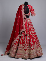 Red silk bridal lehenga choli with exquisite zardosi embellishments