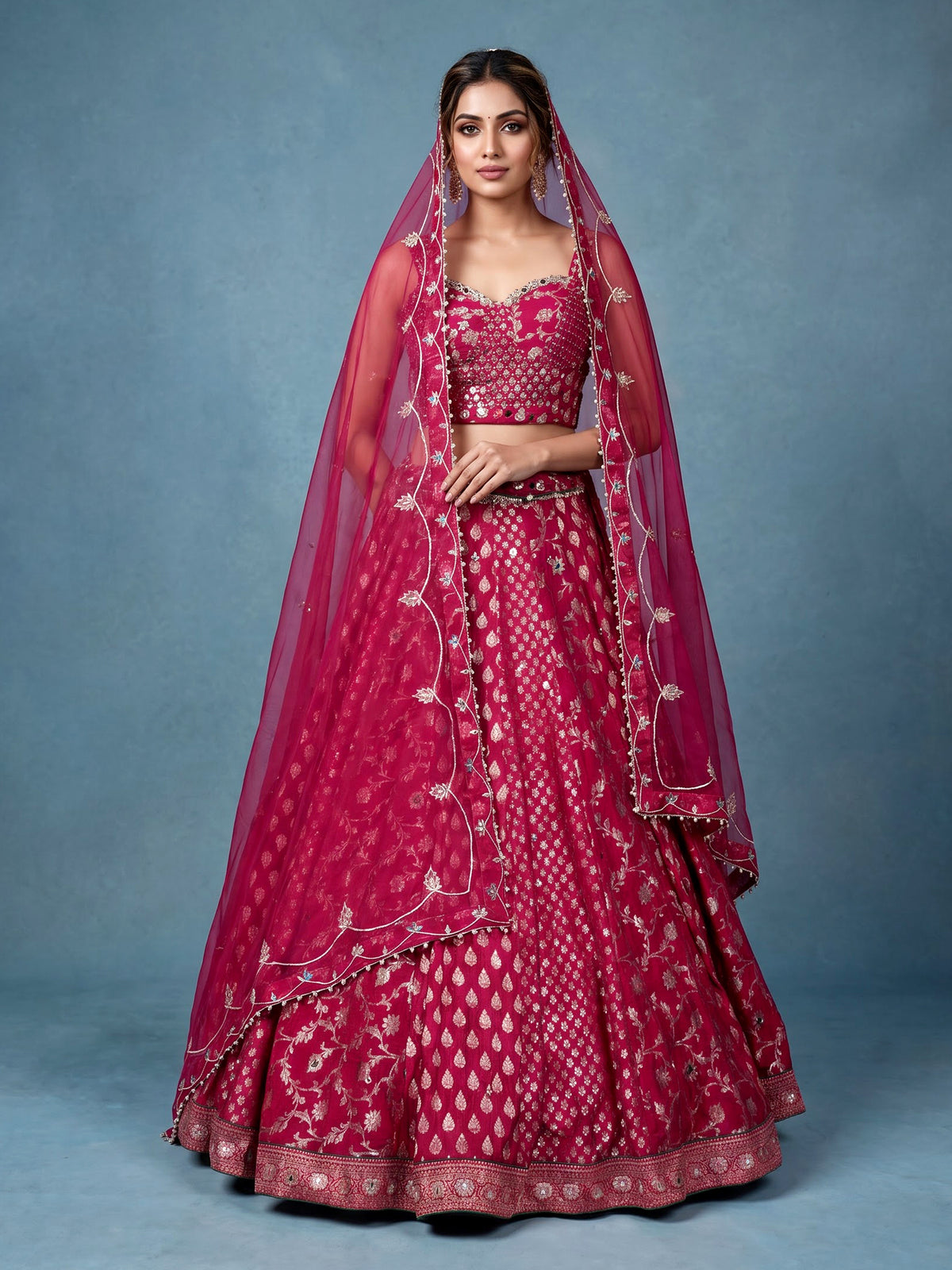 Maroon banarasi silk lehenga choli with embellished dupatta