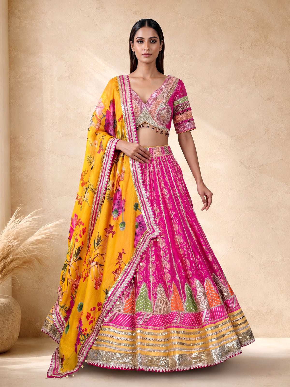 Rani pink banarasi silk lehenga choli with contrast dupatta