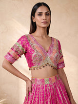 Rani pink banarasi silk lehenga choli with contrast dupatta