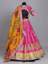 Rani pink banarasi silk lehenga choli with contrast dupatta