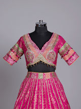 Rani pink banarasi silk lehenga choli with contrast dupatta