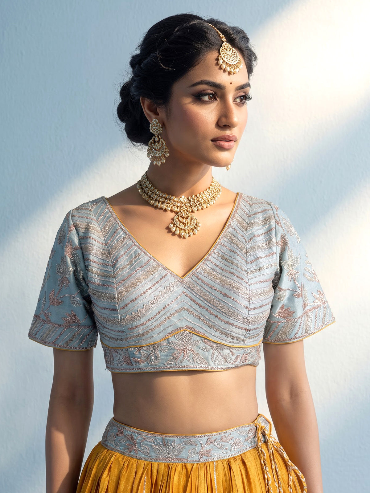 Mustard yellow silk lehenga choli with contrast dupatta choli
