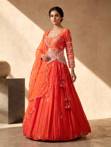 Orange tissue silk lehenga choli with designer three piece styling