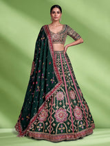 Green raw silk wedding wear lehenga choli with rich work