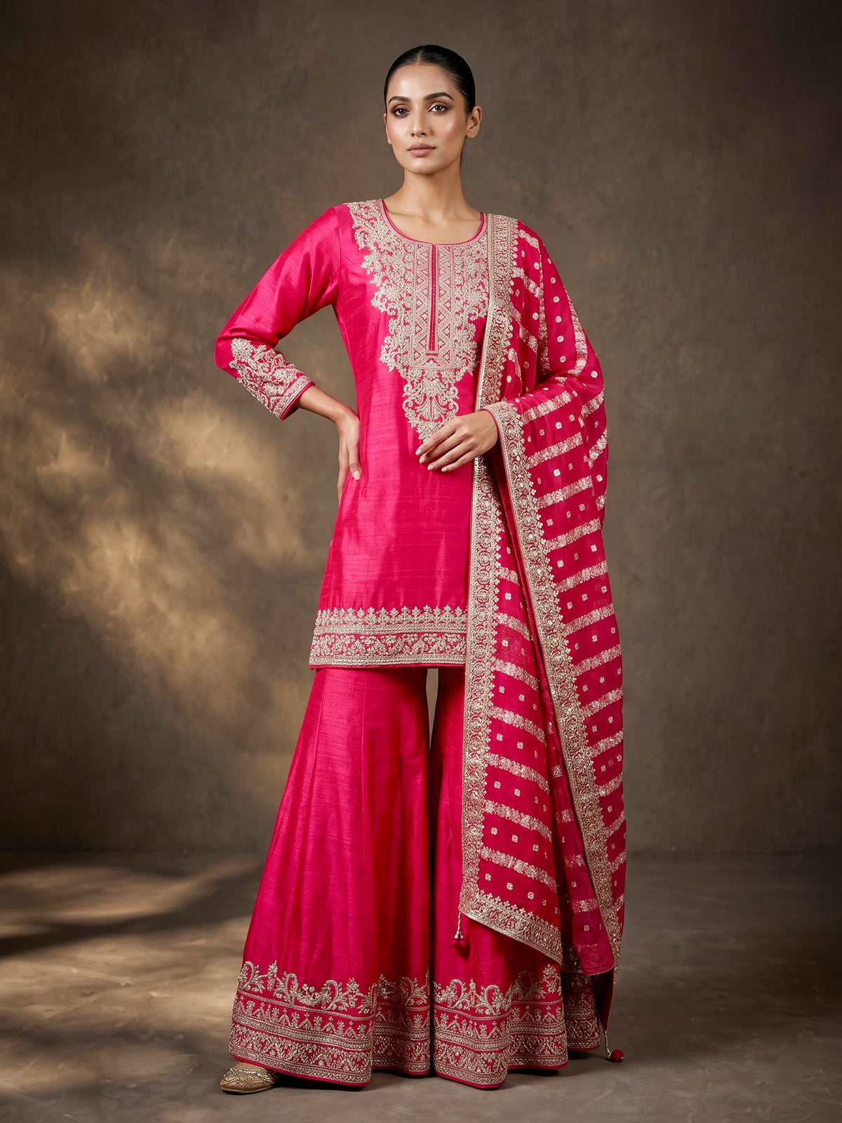 Rani pink raw silk palazzo suit with zari work dupatta