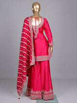 Rani pink raw silk palazzo suit with zari work dupatta