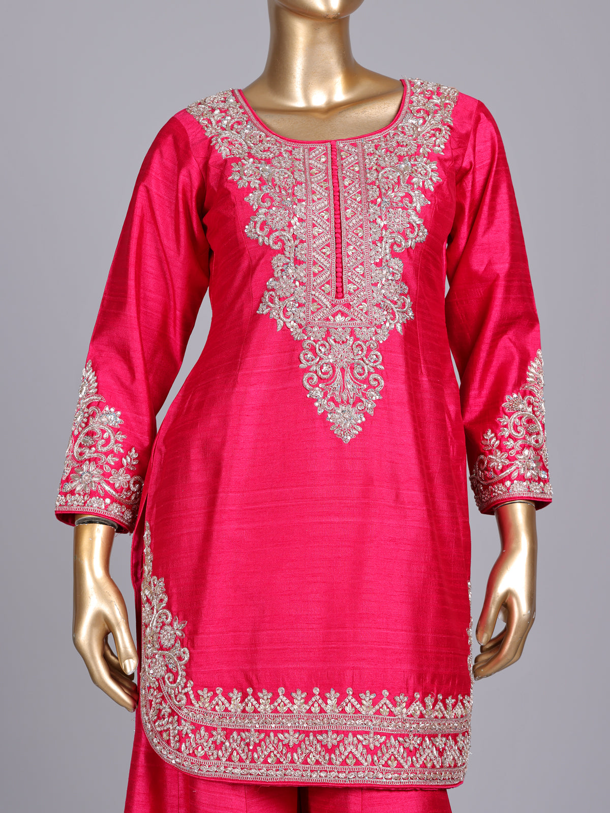 Rani pink raw silk palazzo suit with zari work dupatta