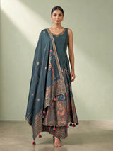 Peacock green silk anarkali suit with embellished dupatta
