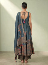 Peacock green silk anarkali suit with embellished dupatta