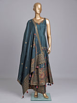 Peacock green silk anarkali suit with embellished dupatta