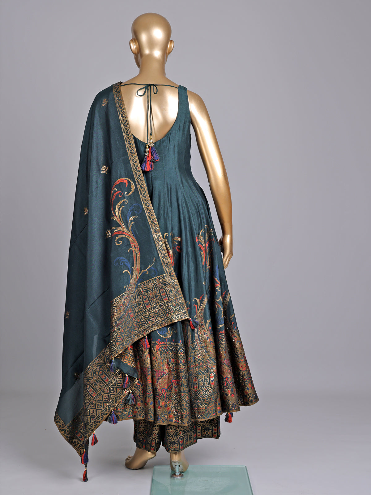 Peacock green silk anarkali suit with embellished dupatta