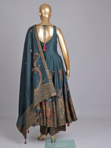 Peacock green silk anarkali suit with embellished dupatta