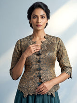Peacock green banarasi top salwar suit with satin palazzo