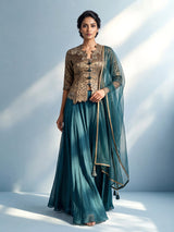 Peacock green banarasi top salwar suit with satin palazzo