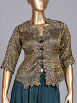 Peacock green banarasi top salwar suit with satin palazzo