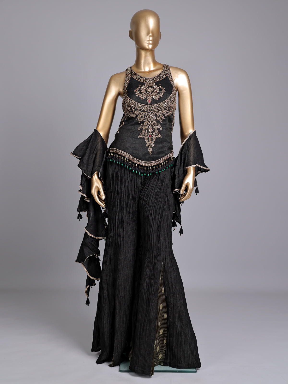 Black silk salwar suit with ruffle dupatta and palazzo