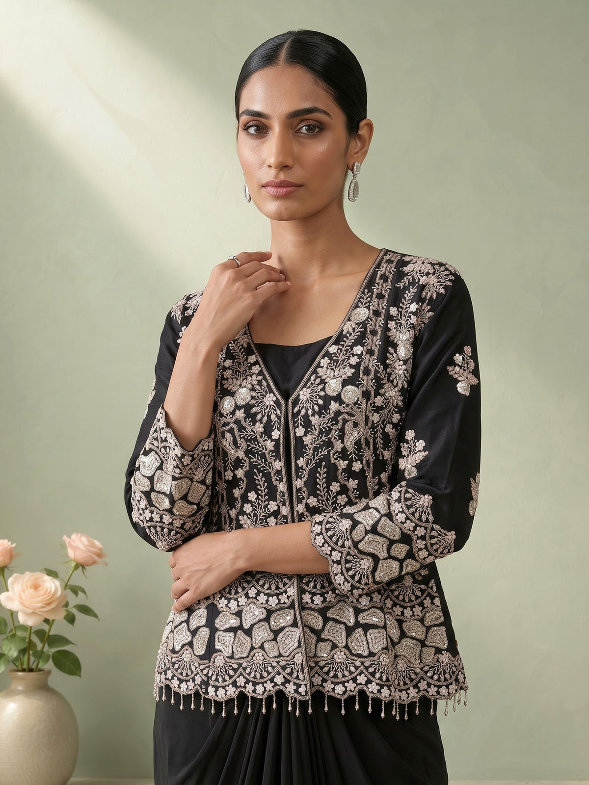 Black raw silk indowestern suit with crepe palazzo