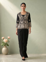 Black raw silk indowestern suit with crepe palazzo
