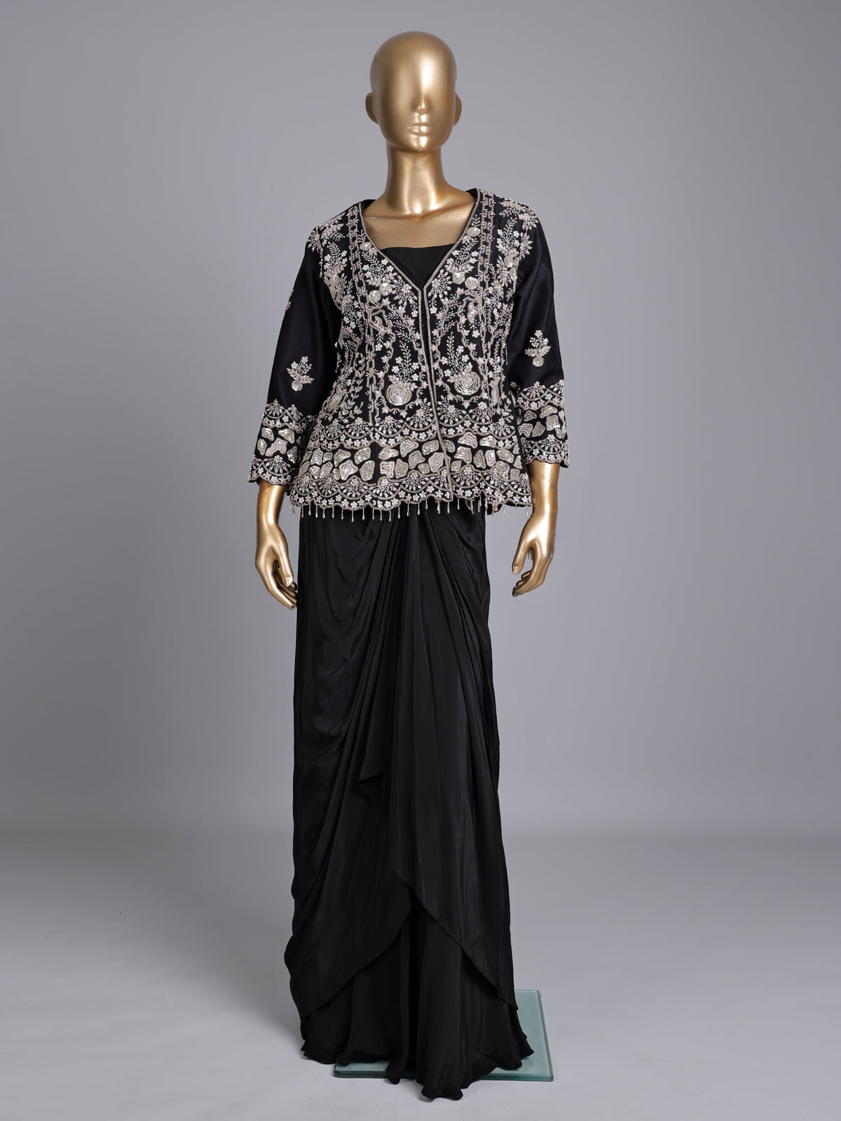 Black raw silk indowestern suit with crepe palazzo