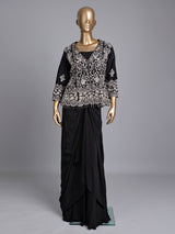 Black raw silk indowestern suit with crepe palazzo