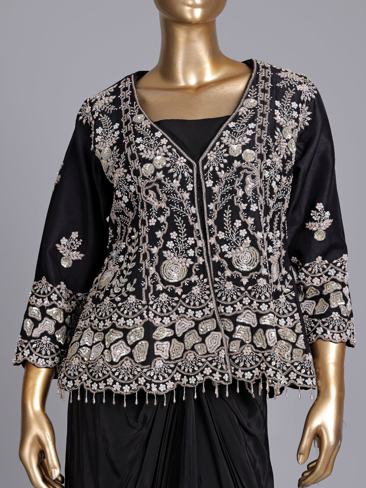 Black raw silk indowestern suit with crepe palazzo