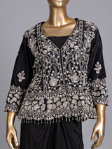 Black raw silk indowestern suit with crepe palazzo