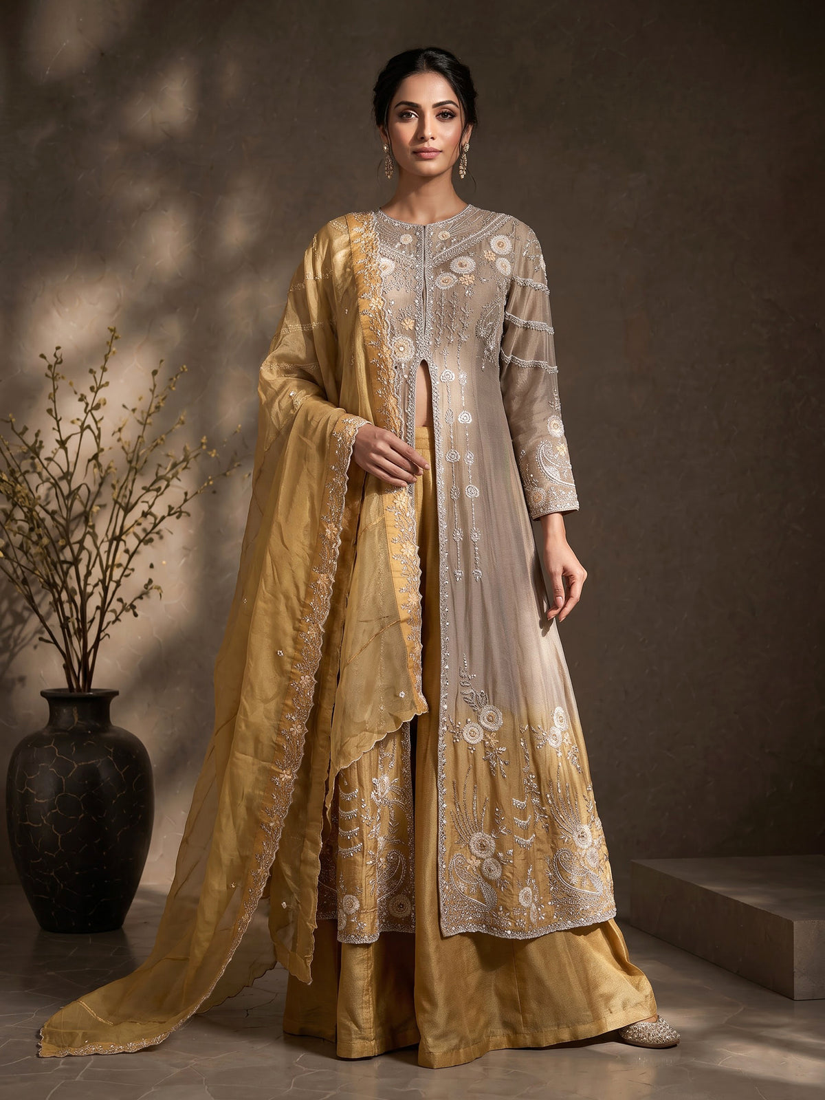 Yellow tissue silk designer palazzo suit with shaded dupatta