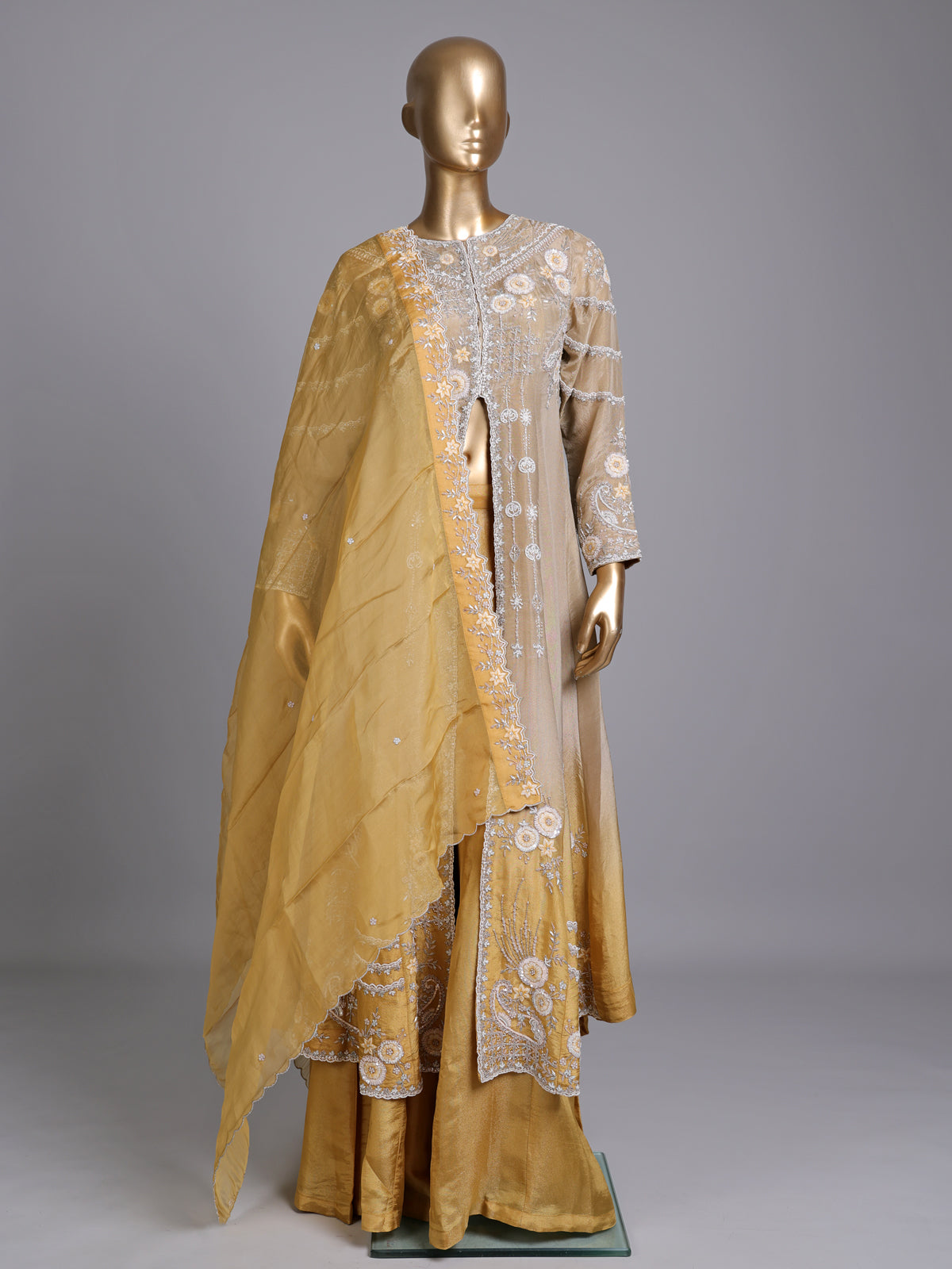 Yellow tissue silk designer palazzo suit with shaded dupatta