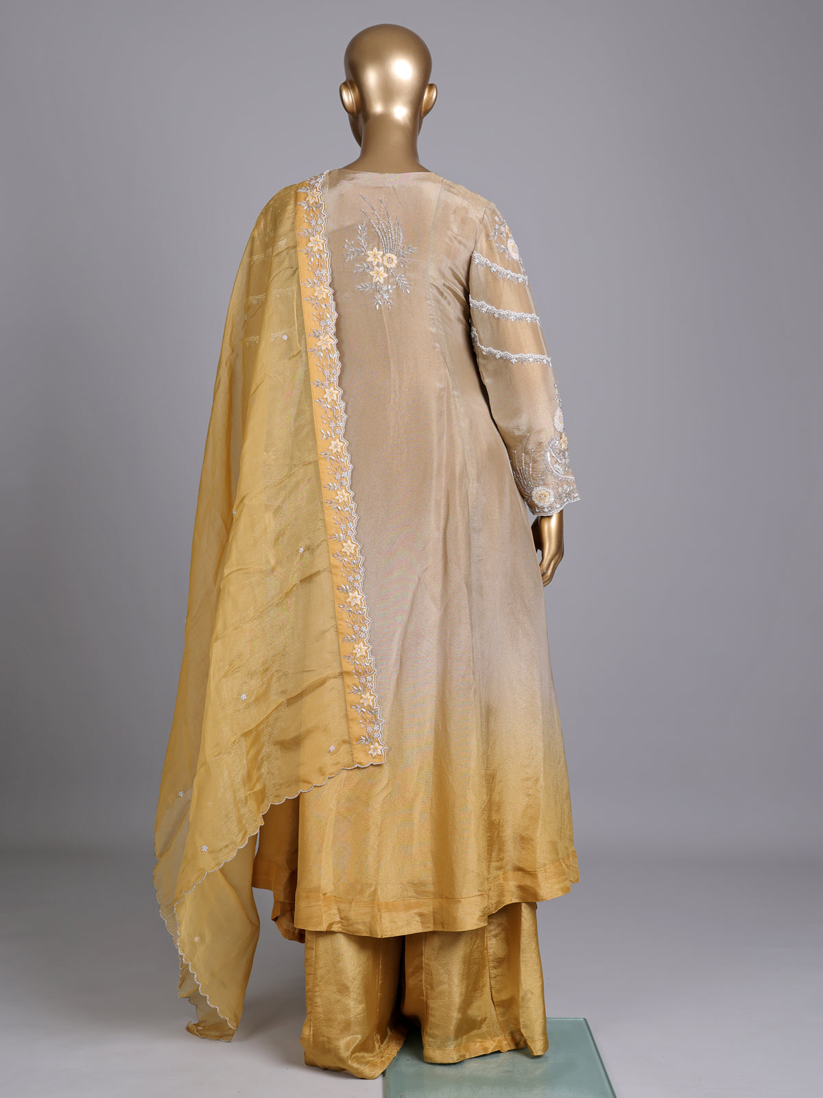 Yellow tissue silk designer palazzo suit with shaded dupatta