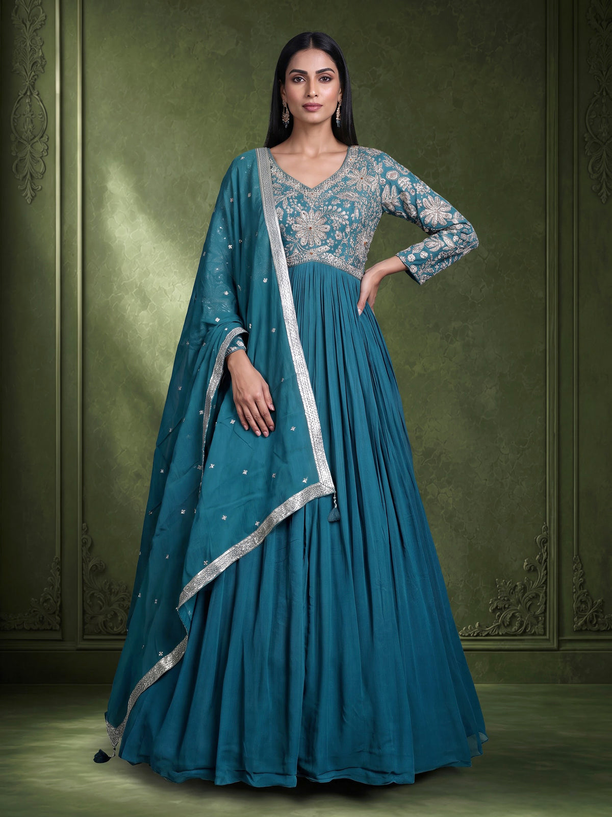Aqua georgette anarkali suit with diamond embellishments