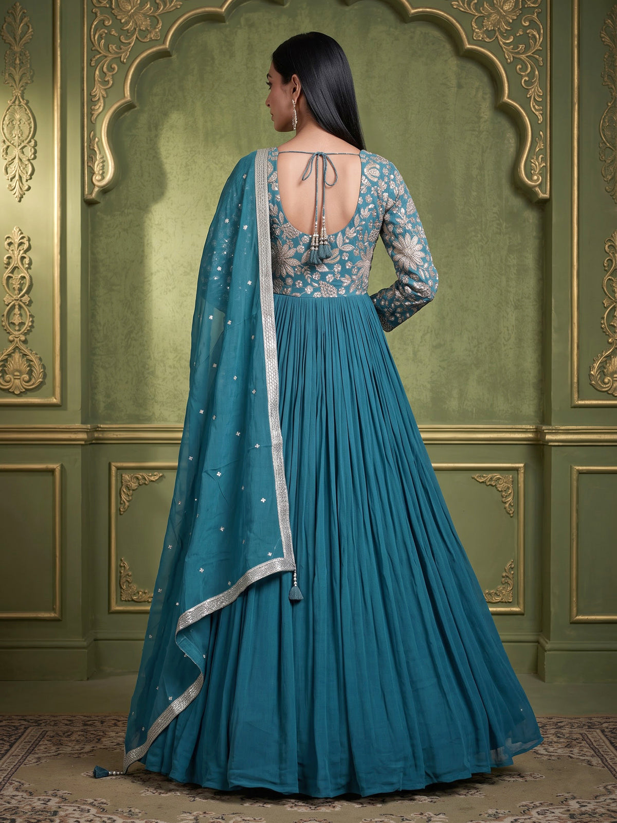 Aqua georgette anarkali suit with diamond embellishments