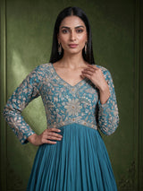 Aqua georgette anarkali suit with diamond embellishments