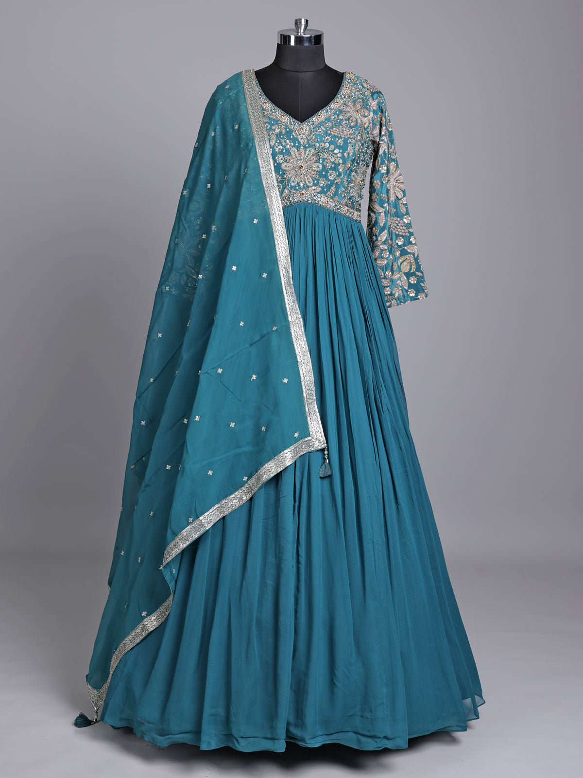 Aqua georgette anarkali suit with diamond embellishments