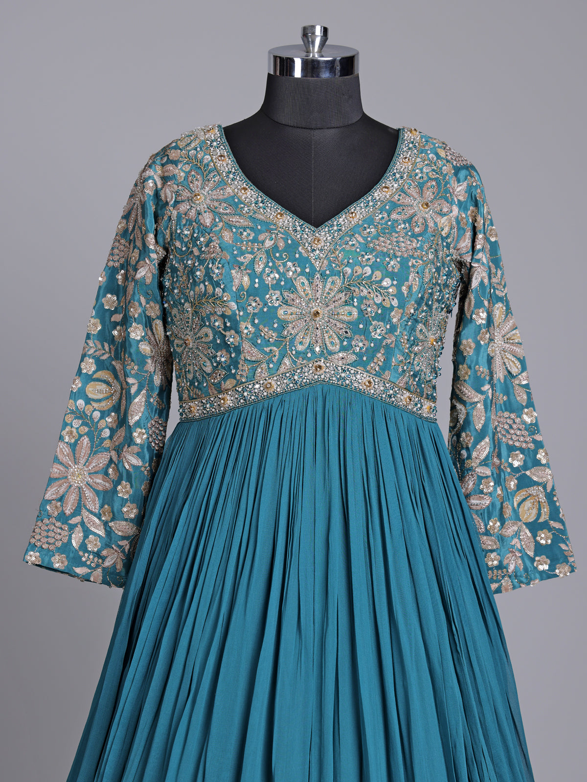 Aqua georgette anarkali suit with diamond embellishments