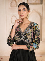 Black georgette anarkali suit with embellished dupatta