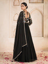Black georgette anarkali suit with embellished dupatta