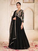 Black georgette anarkali suit with embellished dupatta