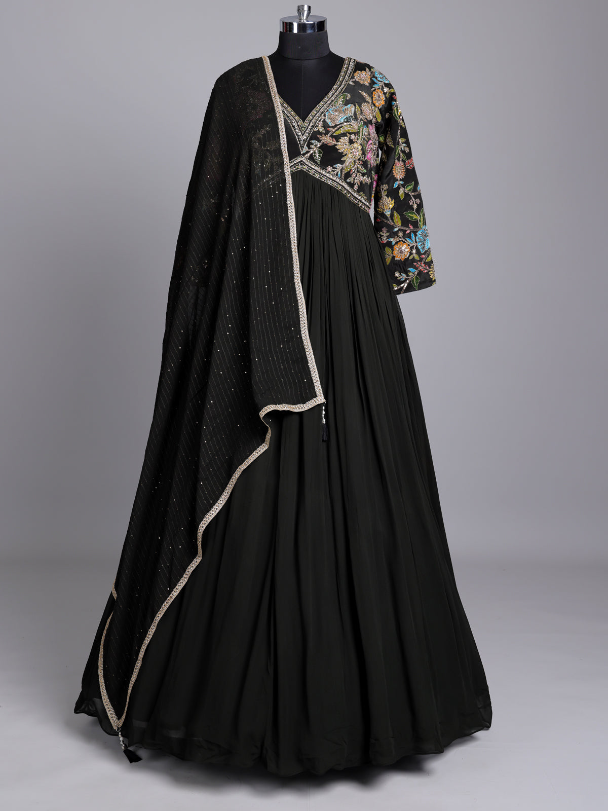 Black georgette anarkali suit with embellished dupatta