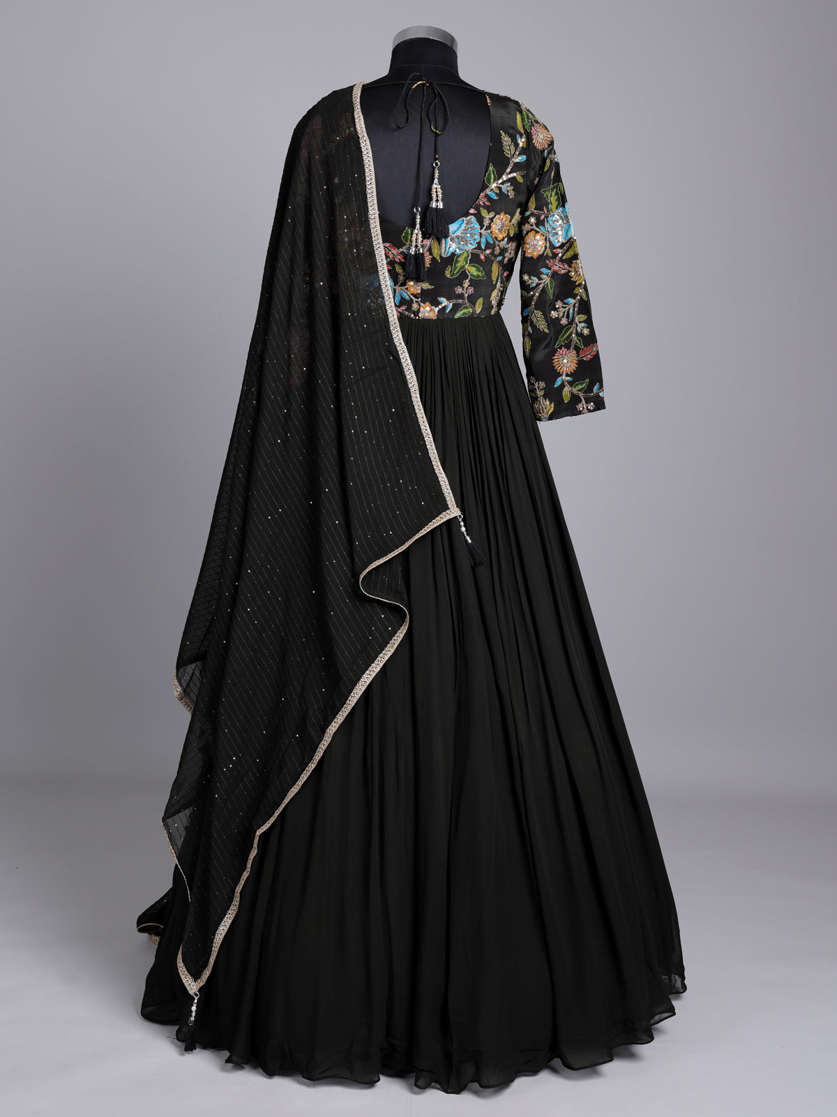 Black georgette anarkali suit with embellished dupatta