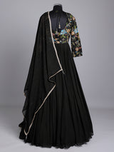 Black georgette anarkali suit with embellished dupatta